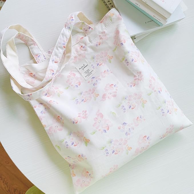 Cotton Canvas Tote Bag Reusable Soft Grocery Cloth Bag Floral Shoulder Bag for Beach Travel Shopping