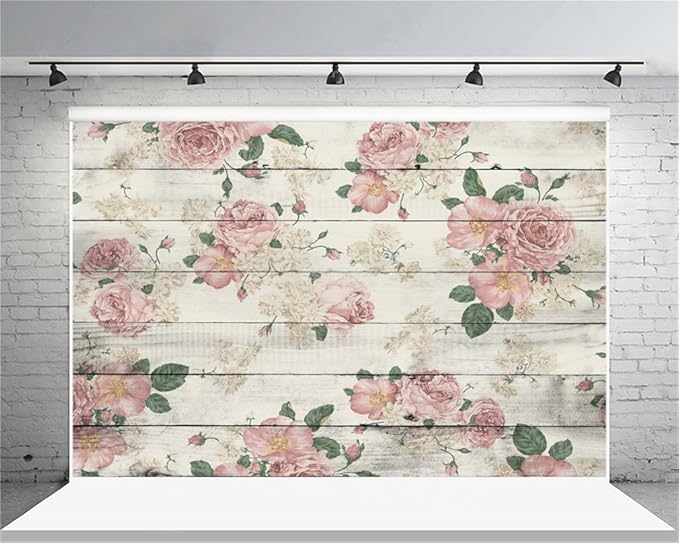AOFOTO 10x8ft Vintage Wood Plank Rose Flower Photography Background Retro Wooden Board Pink Floral Wedding Backdrop Mother's Day Lady Girl Kid Woman Portrait Valentine's Day Photo Studio Props Vinyl