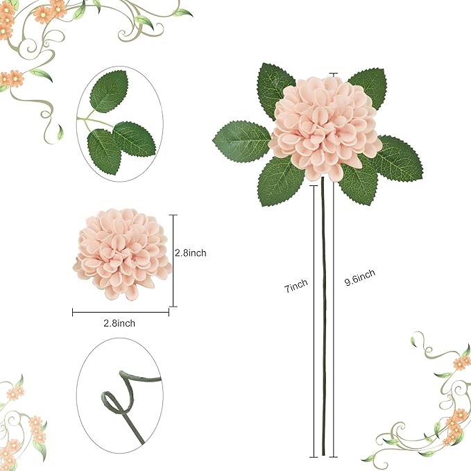 Artificial Flowers, 25pcs Realistic Artificial Rose for DIY Wedding Bouquets Centerpieces Arrangements, Peach Dahlia Flowers with Stem for Bridal Shower Party Home Decorations