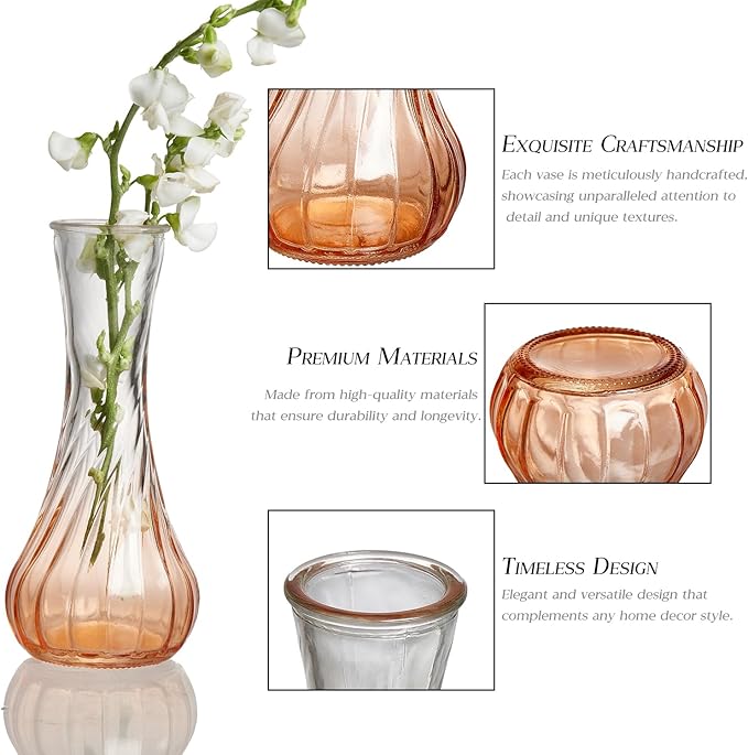 Glass Bud Vase Set of 20 - Small Vases for Flowers in Bulk - Assorted Vintage Crystal Vases for Flowers, Table Centerpieces (Amber, 20 Pcs)