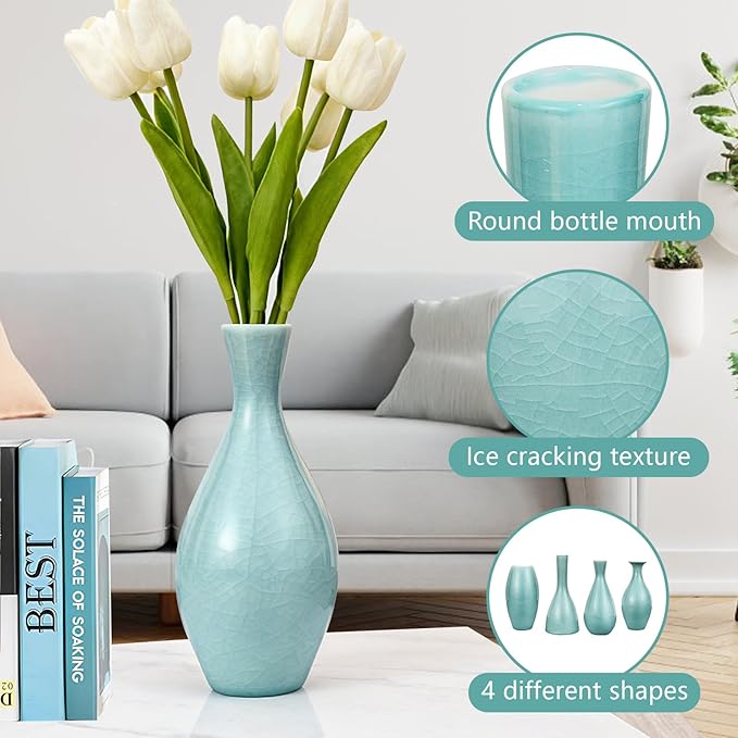 Ceramic Vase Set of 4, Elegant Azure Color Vase for Rustic Modern Home Decor, Crackled Ice Patterns Glaze Decorative Vases for Living Room, Kitchen,Table,Shelf,Office,Housewarming,Gift
