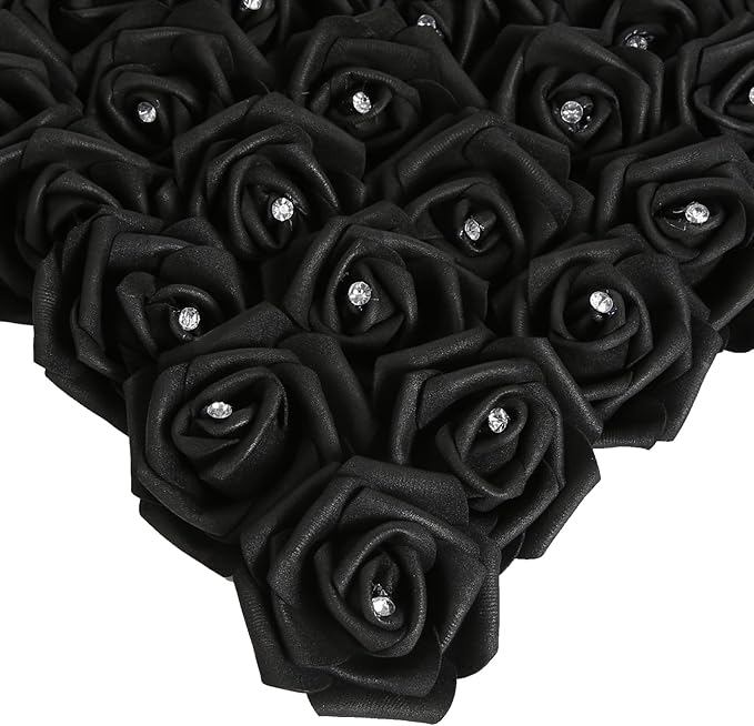 IPOPU 100pcs Black Rose Artificial Flower Heads Bulk with Crystal 3in Real Looking Foam Fake Roses Faux Flowers for DIY Craft Wedding Bouquets Arrangements Party Table Home Decorations(Black)