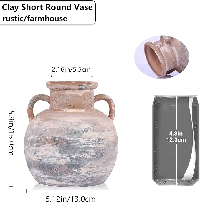 5.9in Rustic Ceramic Farmhouse Flower Small Vase, Beige Terracotta Pottery Decorative Vases Distressed, Round Vases with Handles for Home Wabi Sabi Coffee Table Entryway Decor or Kitchen Utensils