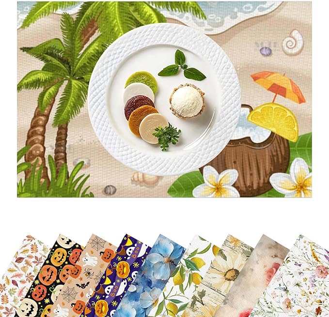 Placemats Set of 4 Waterproof Oilproof Table Mats Summer Coconut Beach Washable Wipeable Heat Resistant Easy to Clean for Indoor Outdoor Party Kitchen Dining Table Decoration 12 * 18in