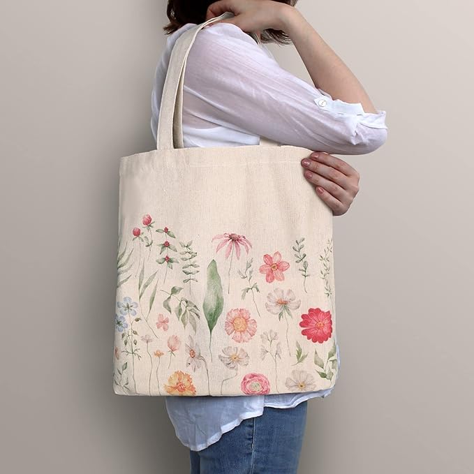 Saintrygo 4 Pieces Canvas Flowers Bible Tote Bag Gift Beautiful Floral Aesthetic Reusable Tote Bag Grocery School Book Lover Makeup Pocket for Girls Women Teacher(Flower)