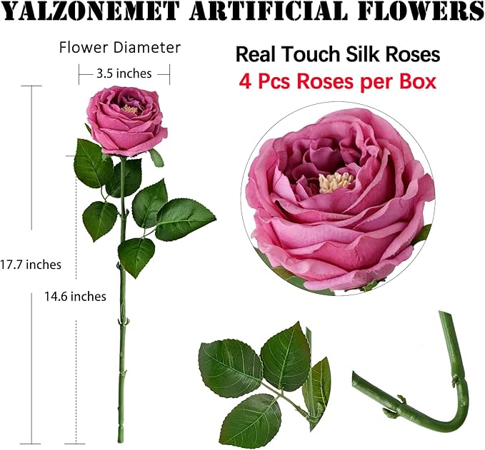 YalzoneMet 3.5'' Big Bloom Fuchsia Red Rose Artificial Flowers 4Pcs Real Touch Purple Rose Faux 17.7'' Long Stem Austen Roses Peonies Fake Flowers for Home Kitchen Party Christmas Flower Wedding Decor