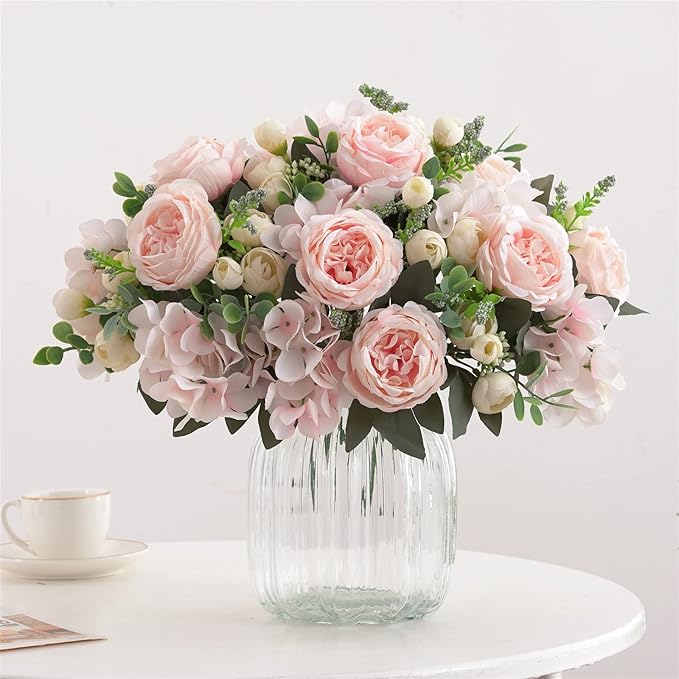 4 Bunches Artificial Flowers Pink Peonies for Decoration Silk Flowers Fake Roses Arrangements Plastic Table Centerpiece Faux Flores for Home Vase Living Room Decor