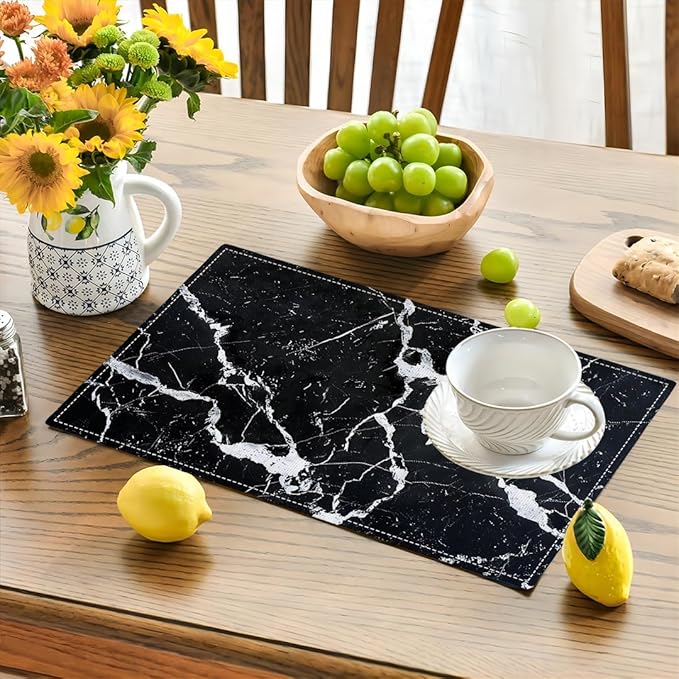 Black Marble Placemats Set of 6, Abstract Place Mats Washable Double-Sided Table Mats for Kitchen Dining Room Home Party Indoor Decor 6 PCS 12x18 Inch