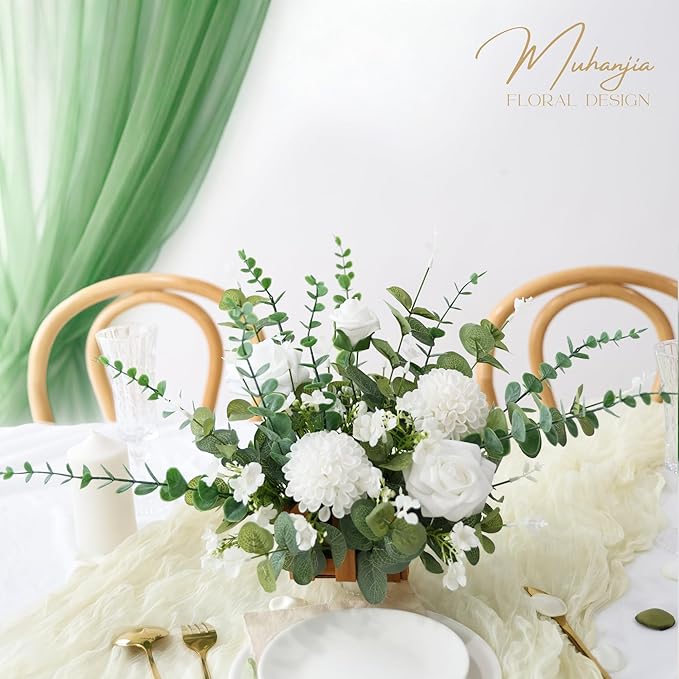 160Pcs Mixed Artificial Eucalyptus Stems and White Faux Flowers, Big Babys Breath and Eucalyptus Leaves Stems Bulk for DIY Wedding Bouquet Home Decor Floral Arrangement (Green 160Pcs)
