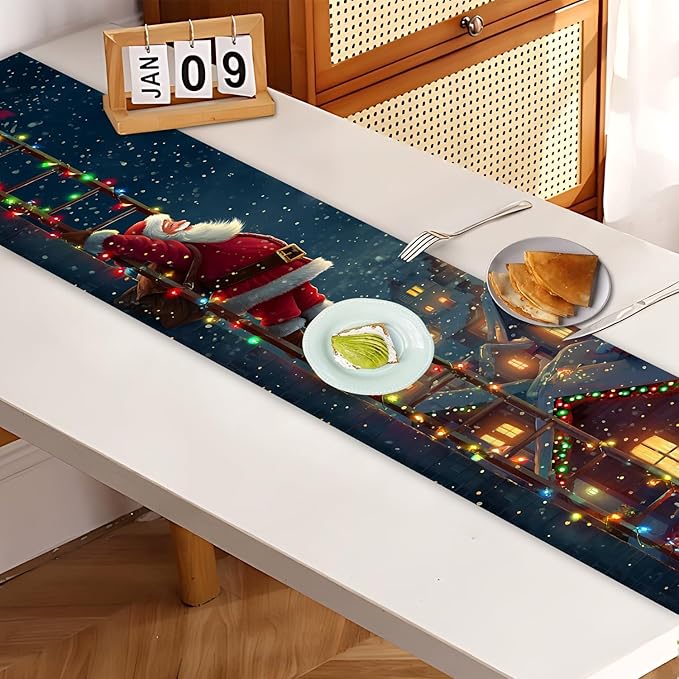 Christmas Table Runner– Festive Santa Claus Climbing Ladder Design with Holiday Lights & Snowy Village, Winter Table Decoration for Dining Table, Kitchen, Party & Home Décor