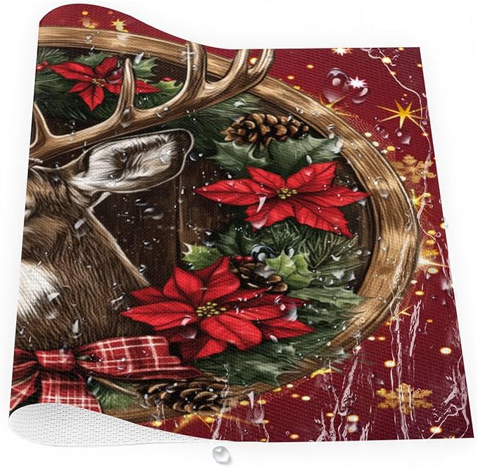 Xmas Christmas Reindeer Poinsettia Red Placemats Set of 6 PVC Vinyl Non Slip Table Mats Heat Resistant Place Mats Washable Wipeable Dining Table Mat for Kitchen Party Indoor Outdoor Decorative Gift