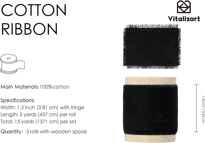 Vitalizart Black Ribbon 1-1/2" x 15 Yd 100% Cotton Handmade Frayed Fringe Fabric Ribbons for Gift Wrapping Wedding Invites Bridal Shower Bouquets Christmas Decorations