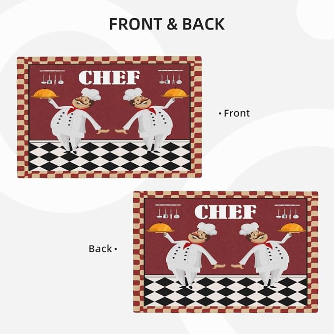 Chef Kitchen Linen Placemats Set of 6 Funny Fat Chef Red Plaid Placemats for Indoor Outdoor Party Home Desktop Dining Room Decor 12x18 Inch