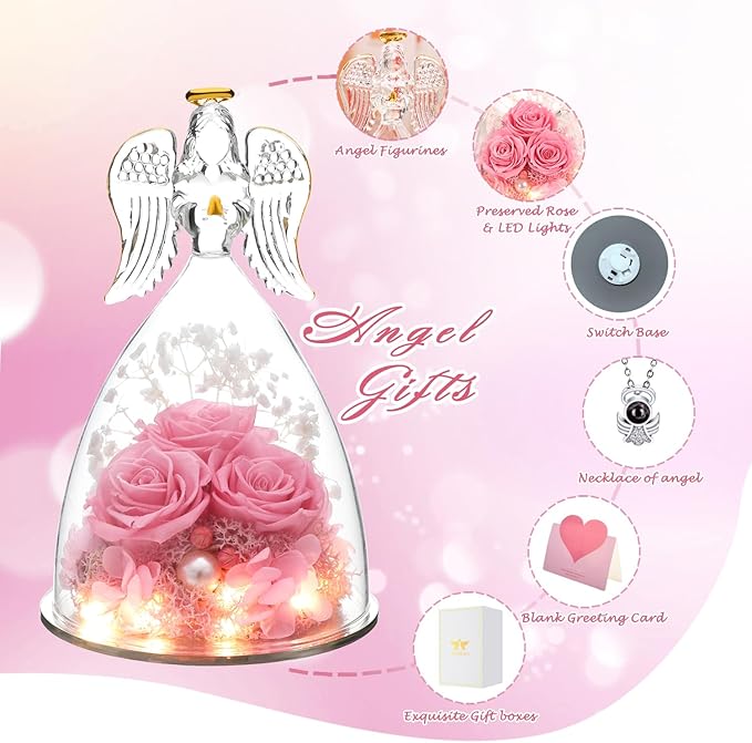 Birthday Gifts for Her, Glass Angel Figurine with Three Rose Gifts, Preserved Forever Real Rose Gifts for Women, Angel Guardian with Rose, Gifts for Valentine Mothers Day