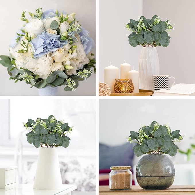 40 Pieces of Artificial Greening Eucalyptus Stem Artificial White Seeds Plant Suitable for Family Wedding Vase Center Bouquet Flower Arrangement