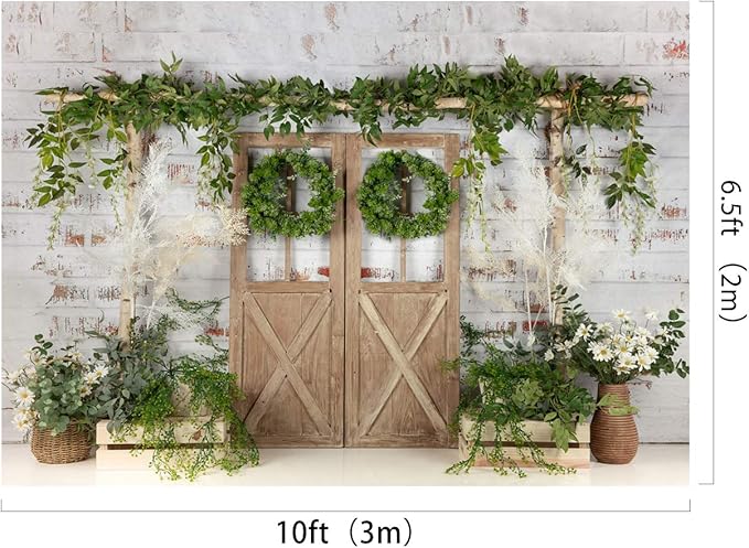 Kate Rustic White Painted Brick Wall Wood Door Photography Backdrops 10x6.5ft Spring Green Grass and Flowers Photo Backgrounds Baby Shower Backdrop Photoshoot Props
