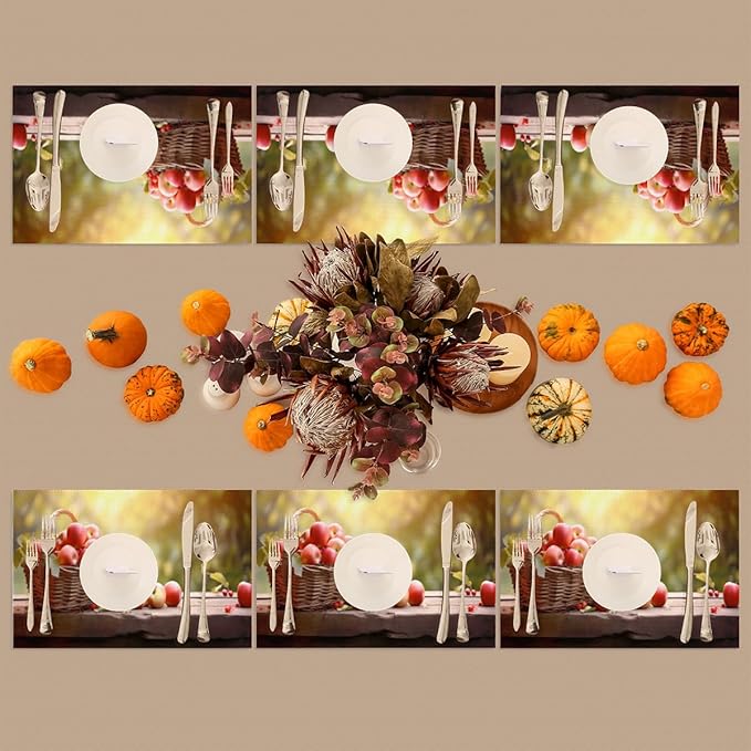 Apple Fall Fruit Basket Placemats Set of 6 PVC Vinyl Non Slip Table Mats Heat Resistant Place Mats Washable Wipeable Dining Table Mat for Kitchen Decor Party Indoor Outdoor Decorative Gift