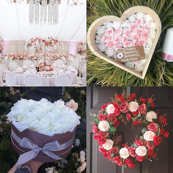 IPOPU 100 Pcs Artificial Rose Flower Heads Real Looking White Foam Fake Roses for DIY Wedding Baby Shower Centerpieces Arrangements Party Tables Home Decorations (White 1, Stemless)