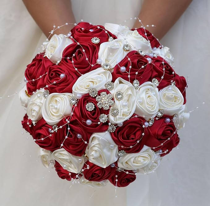Bridal Wedding Bouquet Round Bling Brooch Bouquet Throw Toss Artificial Rose Flower Bunch for Bride Bridesmaid Wedding Quinceanera(Ruby Red & Ivory, 6.3")