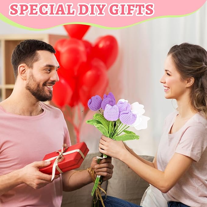 TLY 10 Pcs Crochet Tulips Flowers Artificial Flowers Bouquet Finished Handmade Knitted Tulip Bouquets with Leaf and Long Stem for Home Centerpieces Decor Valentine's Day Wedding Anniversary