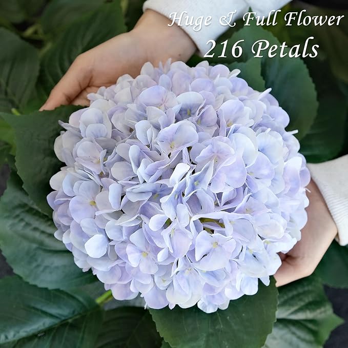 Boho Fake Hydrangea Artificial Flowers, 4Pcs 22" Large Lifelike Silk Artificial Hydrangeas, Full Fake Flowers for Bouquet Table Centerpieces Wedding Indoor Home（Light Blue Violet
