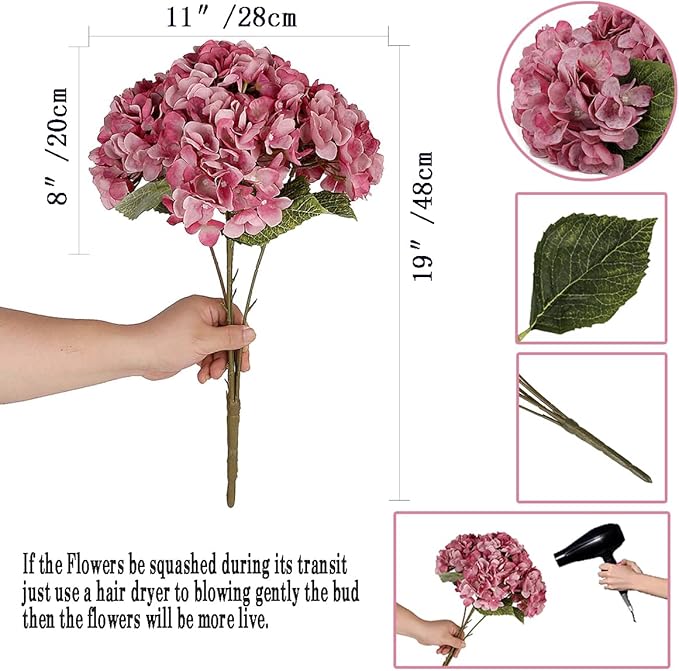 2Bouquets Artificial Fake Flowers Plants Silk Hydrangea Arrangements Wedding Bouquets Decorations Plastic Floral Home Kitchen Garden Party Festival Bar DIY(Grey Pink, 5 Flower Heads)