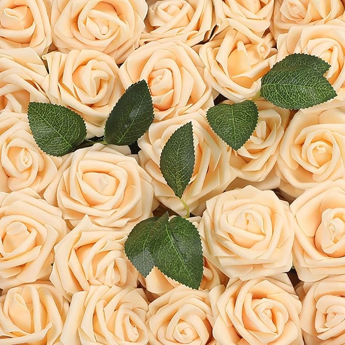 Artificial Flowers Roses 50pcs Champagne Roses Wedding Bouquets Real Looking Foam Fake Roses with Stems for DIY Bridal Shower Centerpieces Arrangements Party Tables Decorations