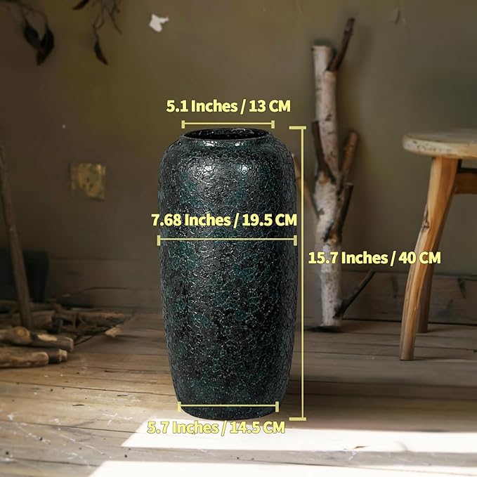 Rustic Ceramic Tall Vase,15.7 Inch Large Pottery Farmhouse Decor Floor Vase for Living Room Entryway Table Centerpiece Decor,Vintage Terracotta Vases,Wedding Gift,Green