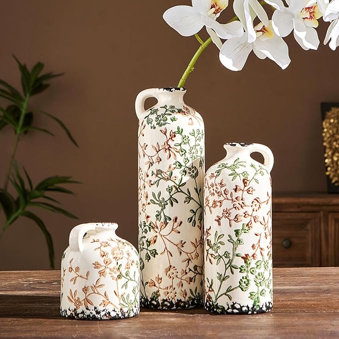 Ceramic Vase Set of 3, Vintage Green and Beige Vase, Chinoiserie Floral Vases, Rustic Farmhouse Ceramic Vases for Home Decor, Living Room, Kitchen Island, Bookshelf, Grand Millennial Decor