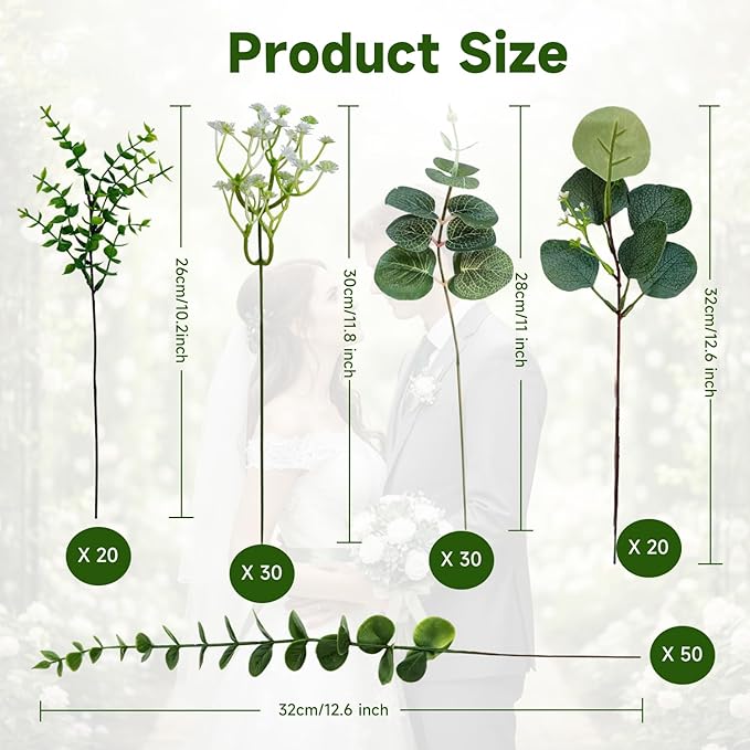 150 Packs 5 Kinds Artificial Greenery Stems Mixed Artificial Eucalyptus Wedding Bouquet Bulk Fake Eucalyptus Stems Greenery Leaves for Vase Wedding Home Table Decor DIY Bouquets (Green)