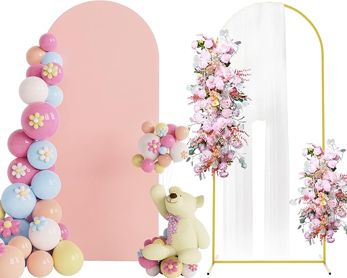 Putros 6ft Metal Arch Stand with Cover Pale Pink Spandex Fitted Wedding Arch Cover and Round Top Chiara Backdrop Stand Set for Birthday Party Baby Shower Decoration