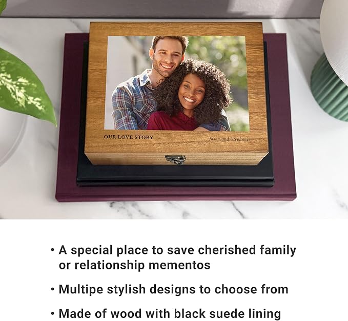Let's Make Memories Personalized Wooden Keepsake Box With Hinged Lid - Wood Memento Box - Decorative Storage - Home Decor - For Couples, Wedding, Newlyweds - Upload Your Photo - Heart Initial