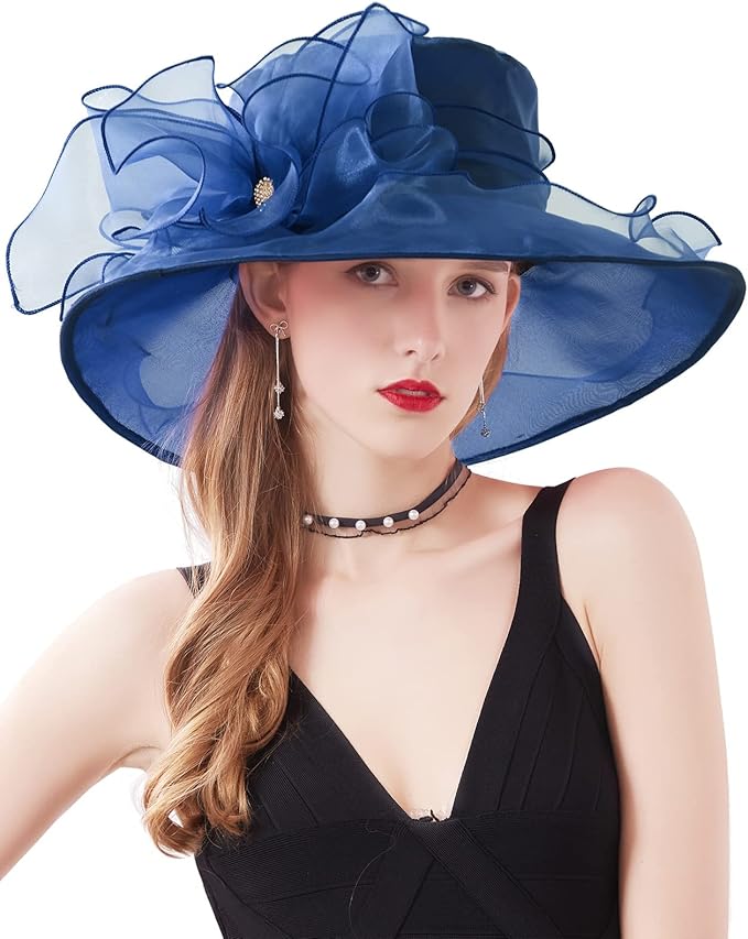 Organza Derby Hats for Women Wide Brim Fascinator Hat Rose Flower Wedding Tea Party Hat