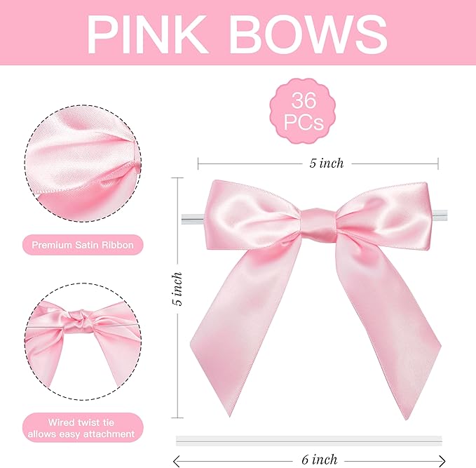 Pink Satin Ribbon Twist Tie Bows 5 Inch Pre-Tied Blush Pink Gift Bows for Crafts, Treat Bags, Party Favors, Wedding, Baby Shower, Candy Apple, Christmas Tree (36 Pack)