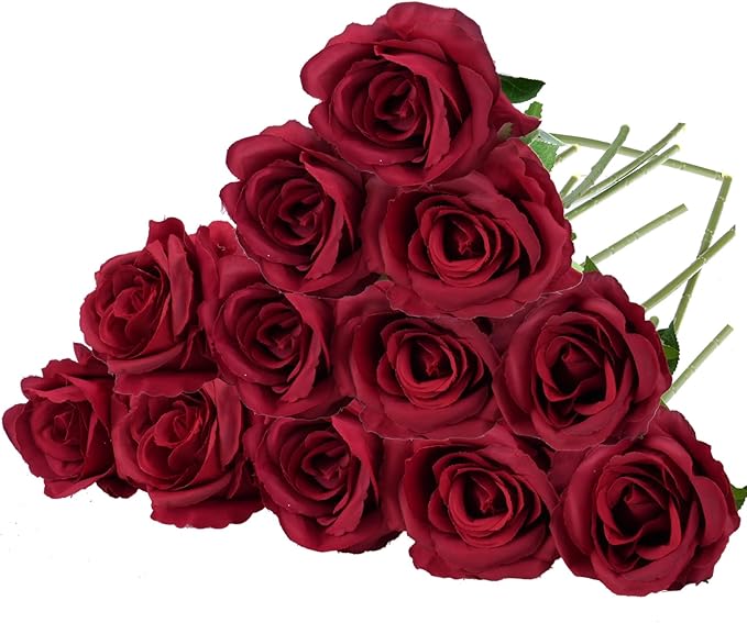Felice Arts 12 Pack Fake Wine Red Roses Artificial Flowers with Stems Silk Burgundy Rose Bouquet for Valentines Decoration Wedding Bridal Bouquet Vase Table Centerpiece DIY Cake Decor