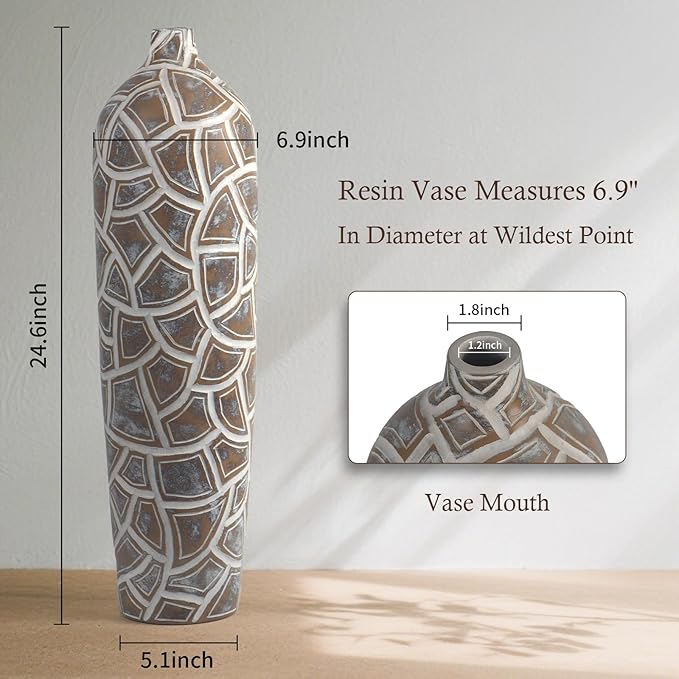 Modern Large Floor Vase,Brown Carved Texture Resin Vase for Home Decor,24.6'' Tall Flower Vases for Entryway Living Room