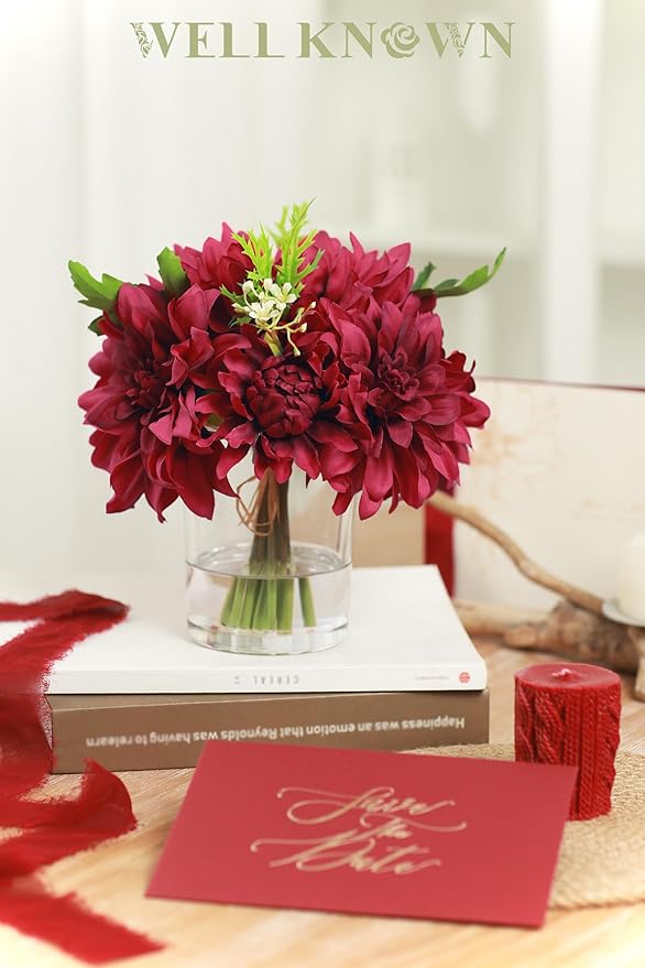 WELL KNOWN Dahlia Artificial Flowers in Vase, Silk Faux Flower Arrangements in Vase with Faux Water for Dining Table Centerpieces, Home Decor, Thanksgiving Christmas Greeting Gift (Fuchsia Red)