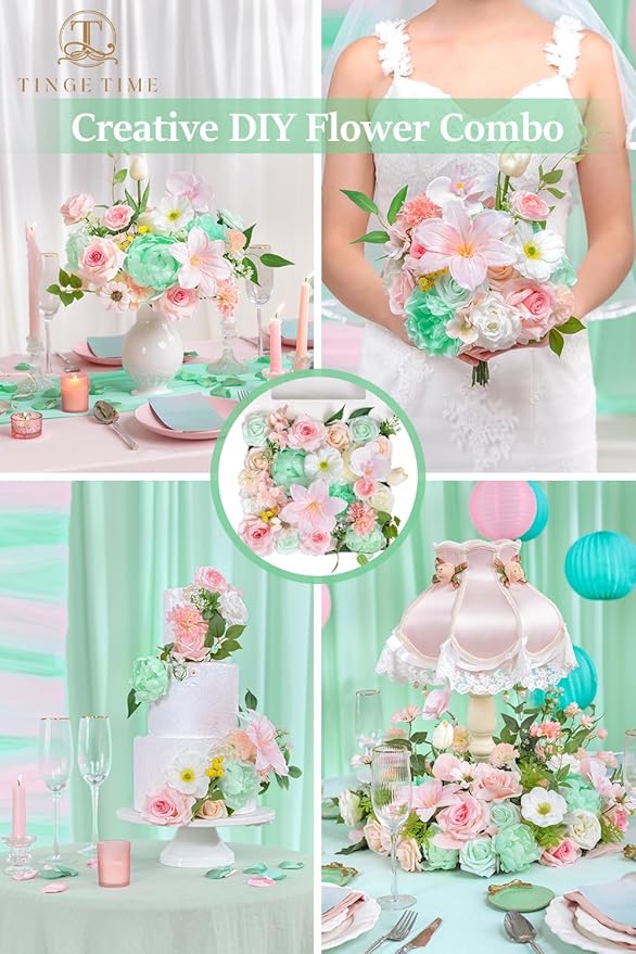 TINGE TIME Artificial Flowers Mint Green & Pink Flower Combo for DIY Wedding Bouquets Table Centerpieces Arrangements Party Baby Shower Home Summer Decorations