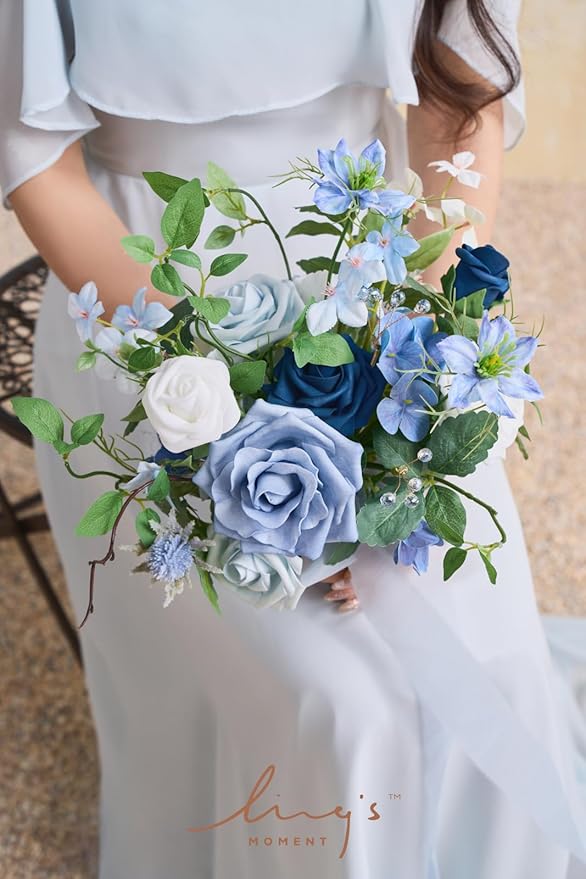 Ling's moment Artificial Flowers Dusty Blue Bridesmaid Bouquet Set of 4, Blue & Ivory Wedding Flowers Bouquets for Bridesmaids, 7 Inch Bridal Bouquets for Bridesmaids, Wedding, etc