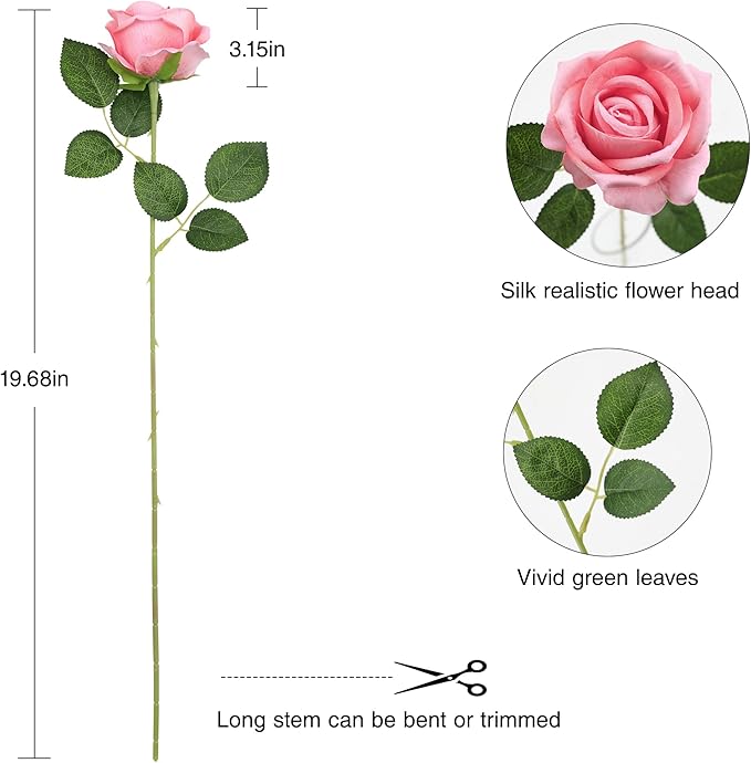 Hawesome Fake Roses Artificial Silk Flowers - 12 Pcs Pink Roses Artificial Faux Flowers with Stems for Home Wedding Centerpiece Hotel Office Decor