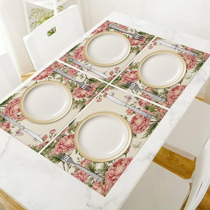 Pink Flowers Placemats Set of 8, 17x12 Inch Rustic Farmhouse Romantic Spring Floral Blossom Butterfly Table Mats for Home Party Kitchen Dining Decor