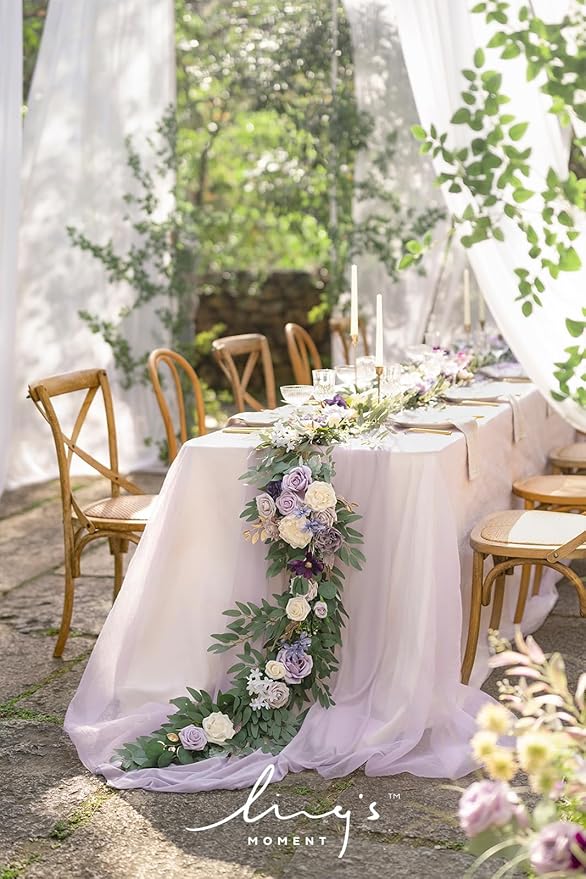 Ling's moment Flower Garland - 6FT Eucalyptus & Rose - Sweetheart Table Decor for Wedding Reception, Artificial Floral Garland for Mantle, Thanksgiving, Christmas Decoration, Lilac & Lavender