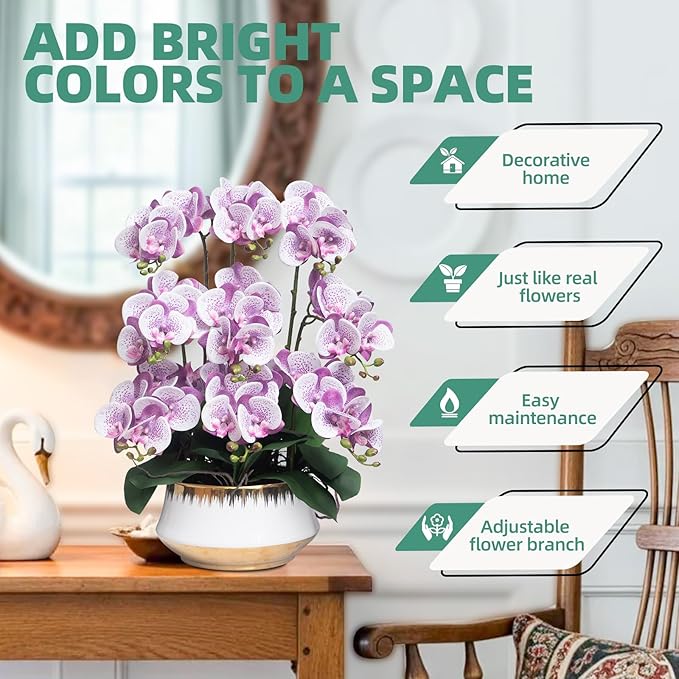 CXGS Orchids Artificial Flower Real Touch Faux Orchid in Large Ceramic Vase Realistic Fake Phalaenopsis Floral Arrangements Centerpiece Table Home Indoor Decor