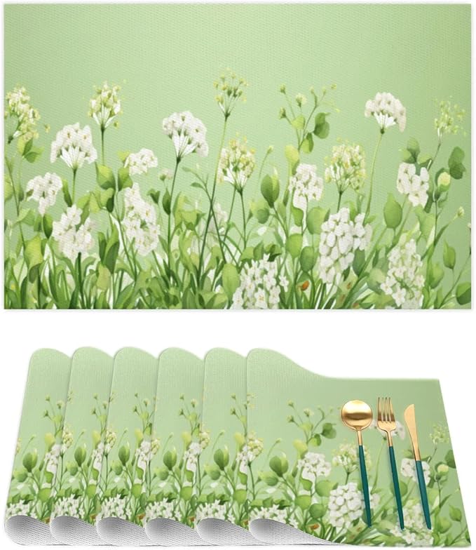 PVC Placemats Set of 6 Sage Green Flower Wipeable Table Mats Washable Heat Resistant Non Slip Vinyl Dining Table Mat for Kithen Indoor Outdoor Patio Farmhouse Place Mats Decorative