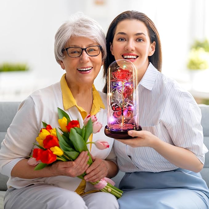 Christmas Rose Gifts for Women, Gift for Birthday Rechargeable Galaxy Glass Rose Light Up Roses In Glass Dome Forever Crystal Flowers Butterfly Xmas Gifts for Women Mom Grandma Sister Her Wife Red