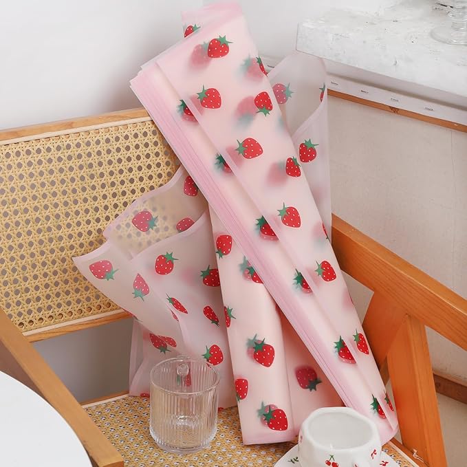 HLTOO 20 Sheets Flower Wrapping Paper, Bouquet Floral Packaging Paper with Strawberry Pattern, for Wedding, Party, Mother's Day, Birthday, and DIY Craft Florist Supplies, Pink, 57CM/22.4Inch