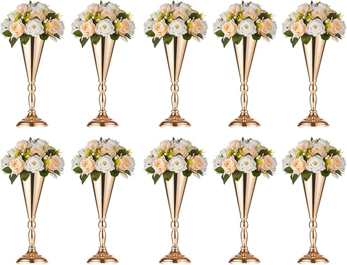NUPTIO Tabletop Metal Wedding Flower Trumpet Vase Table Decorative Centerpiece Artificial Flower Arrangements for Anniversary Ceremony Party Birthday Event Aisle Home Decoration (10 x M, Gold)