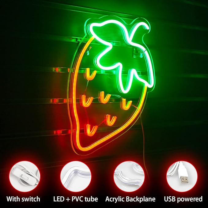 Strawberry Neon Sign Red Green Strawberry Led Sign Fruit Shape Neon Light for Bedroom Wall Decor, Bar, Fruit Shop, Restaurant (15 * 13 inch)