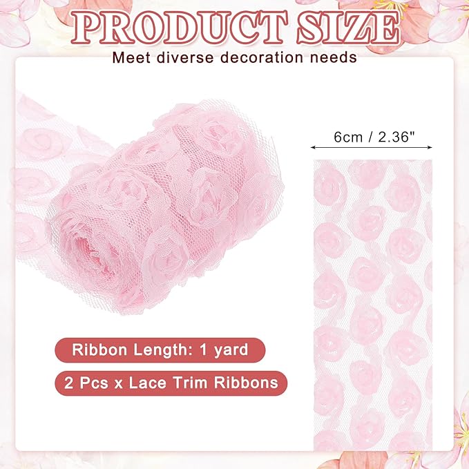 uxcell 2PCS Lace Trim Ribbon, 2.36 inch - 1 Yard 3D Rose Floral Embroidery Ribbons Edge Trimming for Sewing, Wedding Dress, DIY Crafts, Decoration Accessories, Light Pink