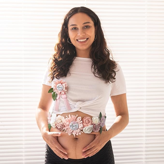 Baby Shower Maternity Sash Belly Belt-Pink Flower Sash Set Mom to Be & Dad to Be Corsage Pins for Gender Reveal